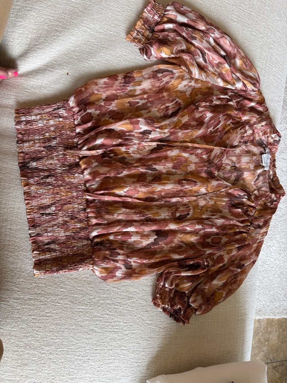 Rachel Zoe Women's Pink Rust Floral Smocked-Waist Blouse